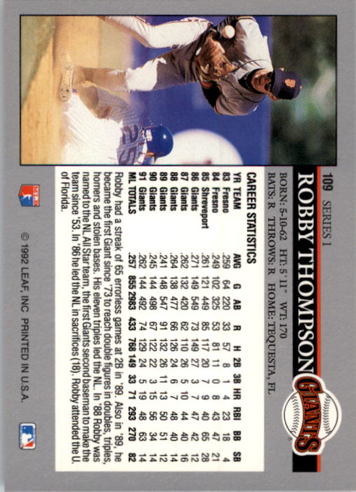 1992 Leaf #109 Robby Thompson back image