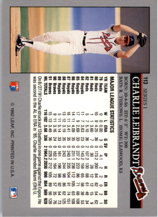 A8003- 1992 Leaf Baseball Card #s 1-200 +Rookies -You Pick- 15+ FREE US SHIP - Picture 221 of 395