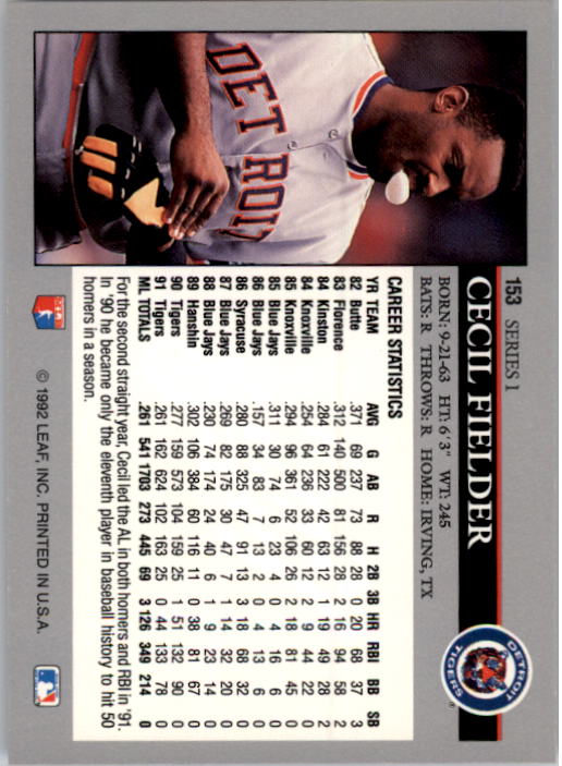 A8003- 1992 Leaf Baseball Card #s 1-200 +Rookies -You Pick- 15+ FREE US SHIP - Picture 301 of 395