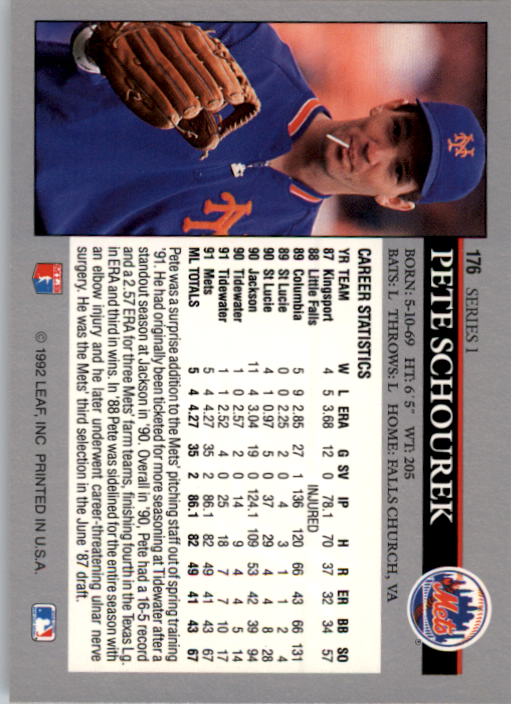 1992 Leaf #176 Pete Schourek back image