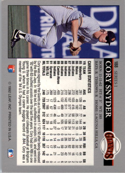 A8003- 1992 Leaf Baseball Card #s 1-200 +Rookies -You Pick- 15+ FREE US SHIP - Picture 371 of 395