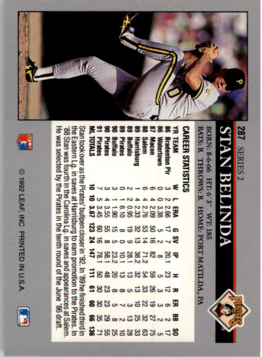 1992 Leaf #287 Stan Belinda back image