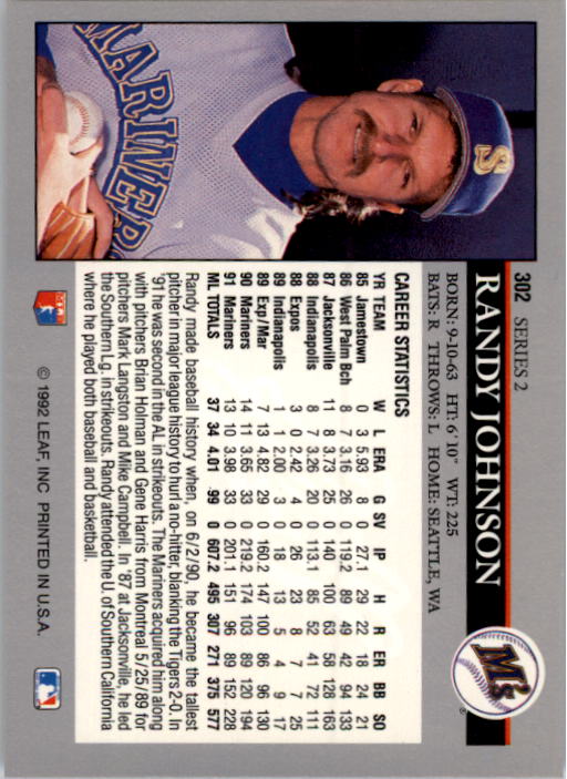 1992 Leaf #302 Randy Johnson back image