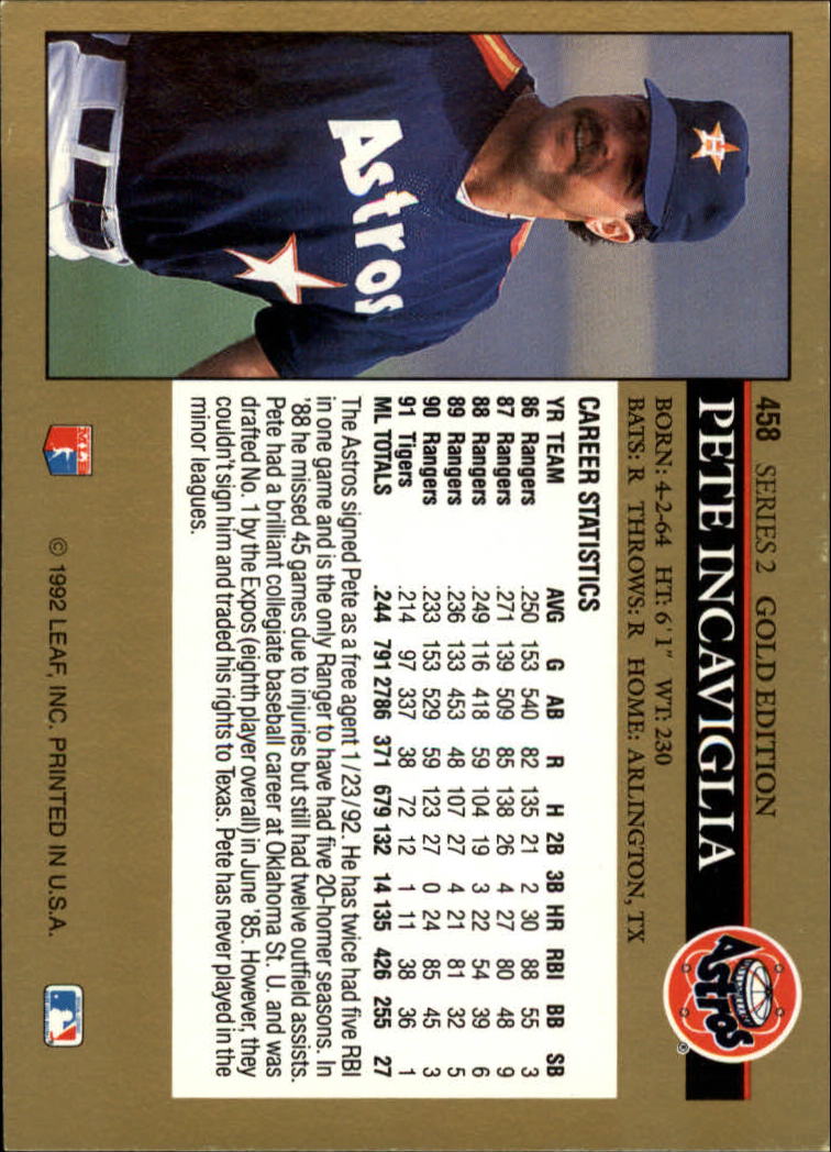 1992 Leaf #458 PETE INCAVIGLIA Houston Astros