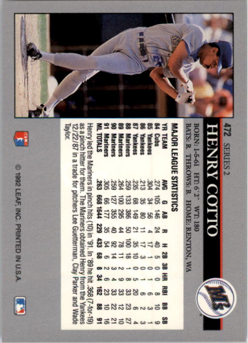 1992 Leaf #472 Henry Cotto back image