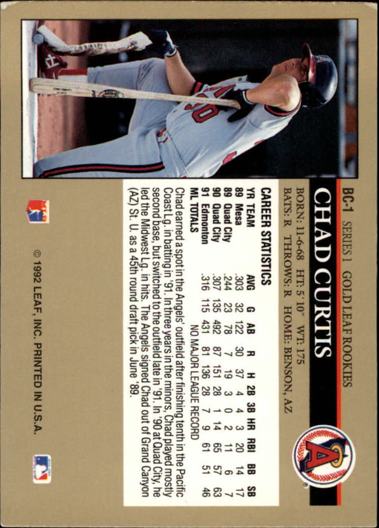 1992 Leaf Gold Rookies #BC1 Chad Curtis back image