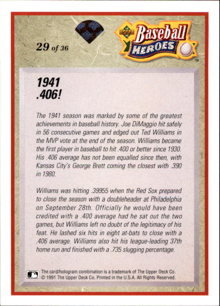 1992 Upper Deck Williams Heroes #29 Ted Williams back image