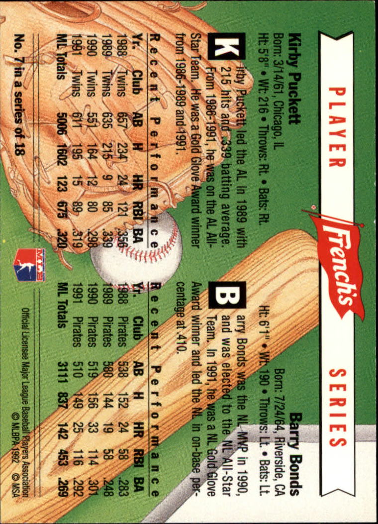 1992 French's #7 Kirby Puckett/Barry Bonds back image