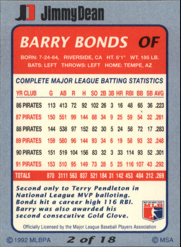 1992 Jimmy Dean #2 Barry Bonds back image