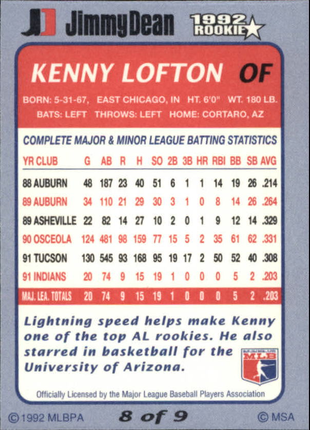 1992 Jimmy Dean Rookie Stars #8 Kenny Lofton back image