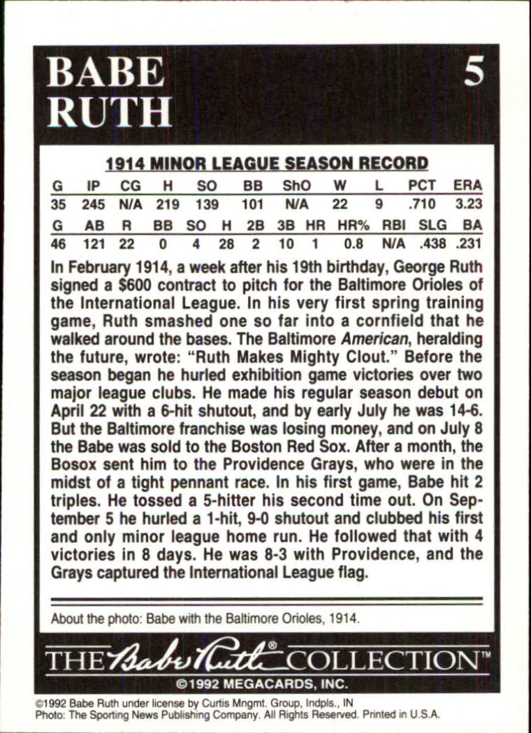 1992 Megacards Ruth #5 22-9 Record in the/Minors 1914 back image