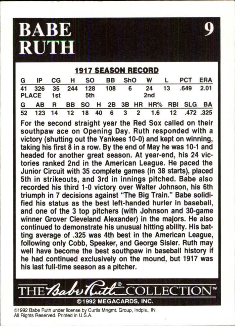 1992 Megacards Ruth #9 Defeats/Walter Johnson for 6th Time/1917 back image