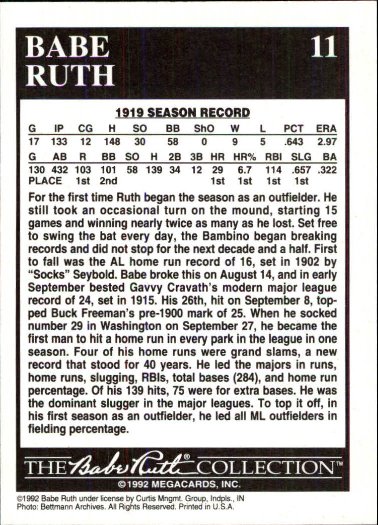 1992 Megacards Ruth #11 First Season in the/Outfield 1919 back image
