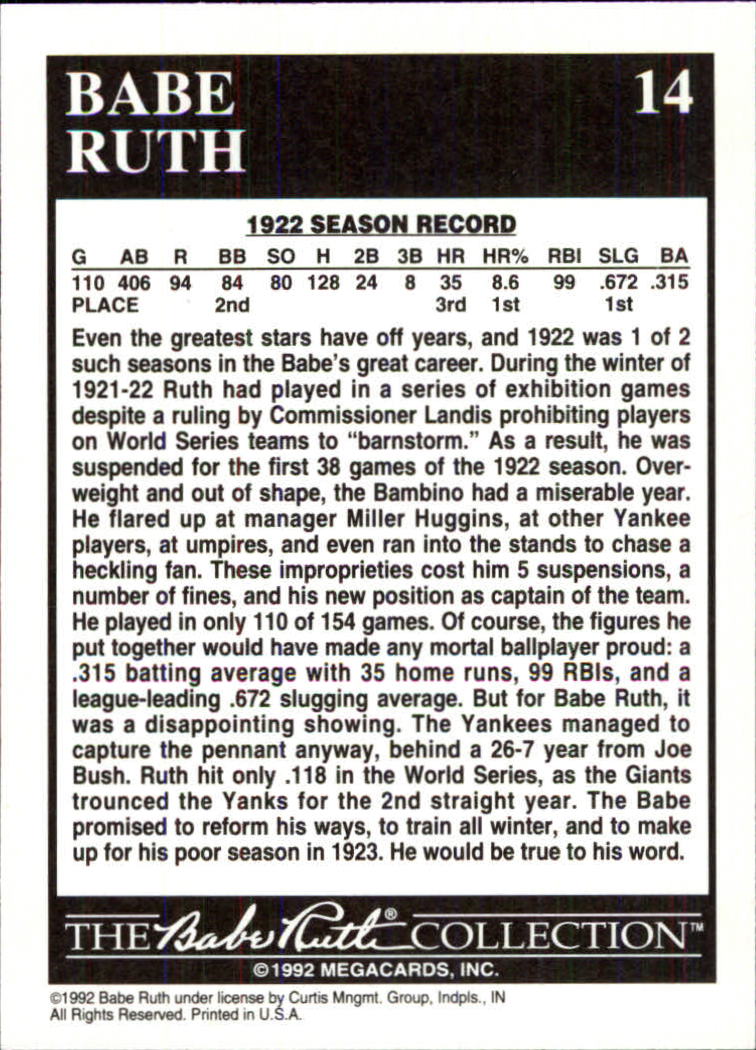 1992 Megacards Ruth #14 Suspended for First/38 Games 1922 back image