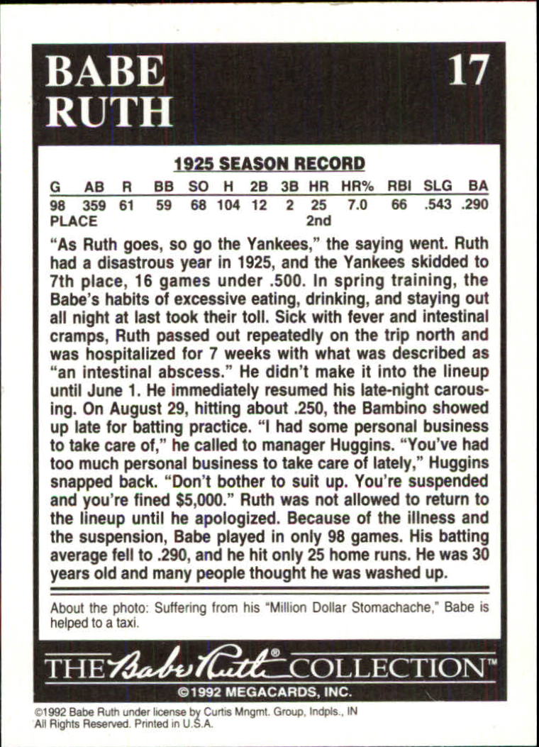 1992 Megacards Ruth #17 The Million Dollar/Stomach Ache 1925 back image