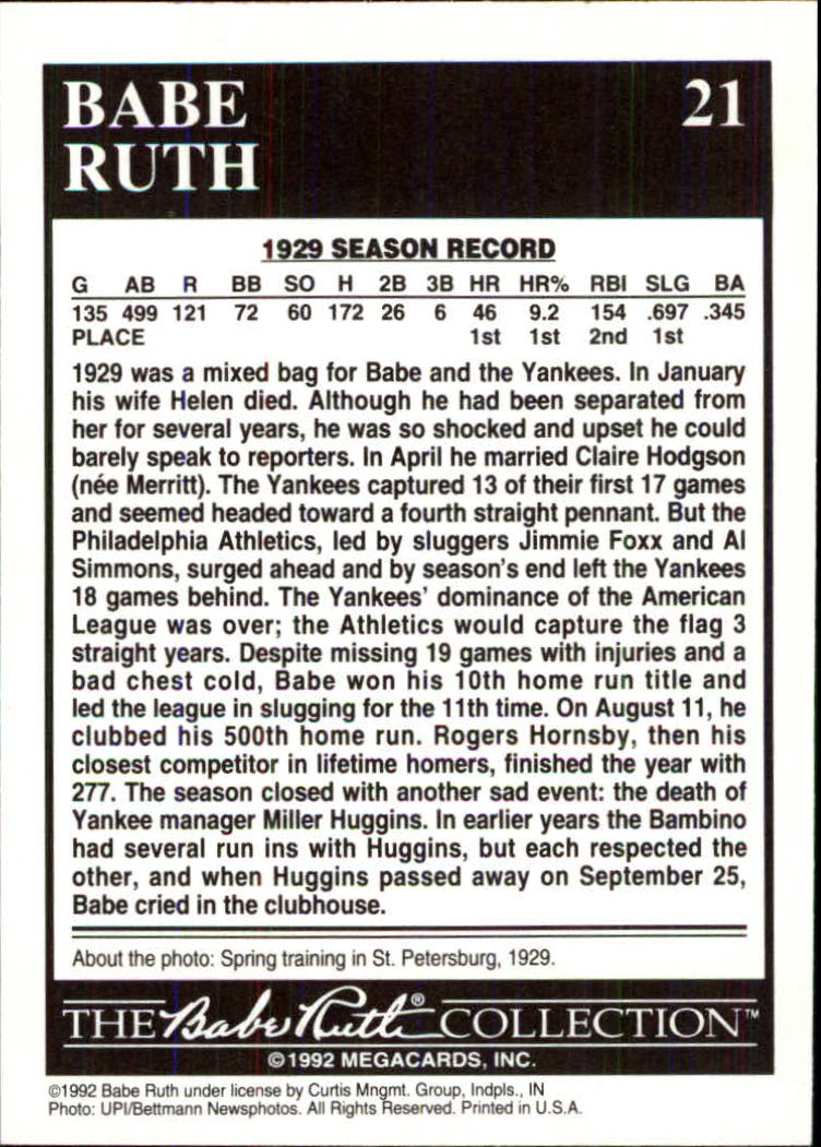 1992 Megacards Ruth #21 Clubs 500th Home Run/1929 back image