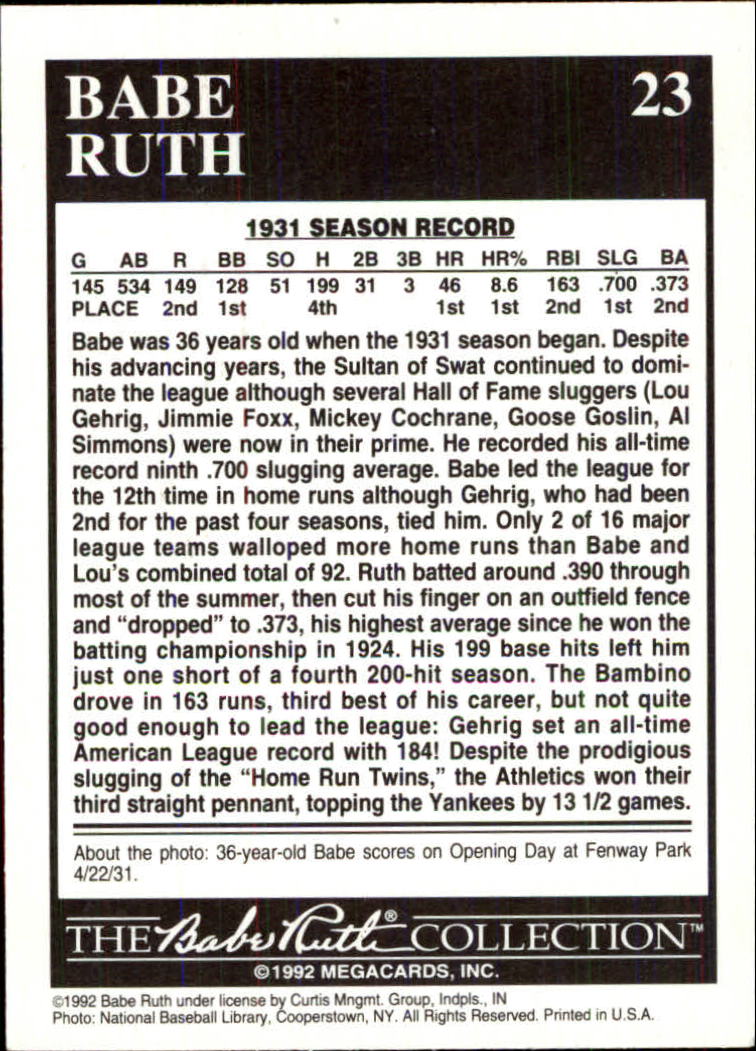 1992 Megacards Ruth #23 .700 Slugging Average/for 9th Time 1931 back image