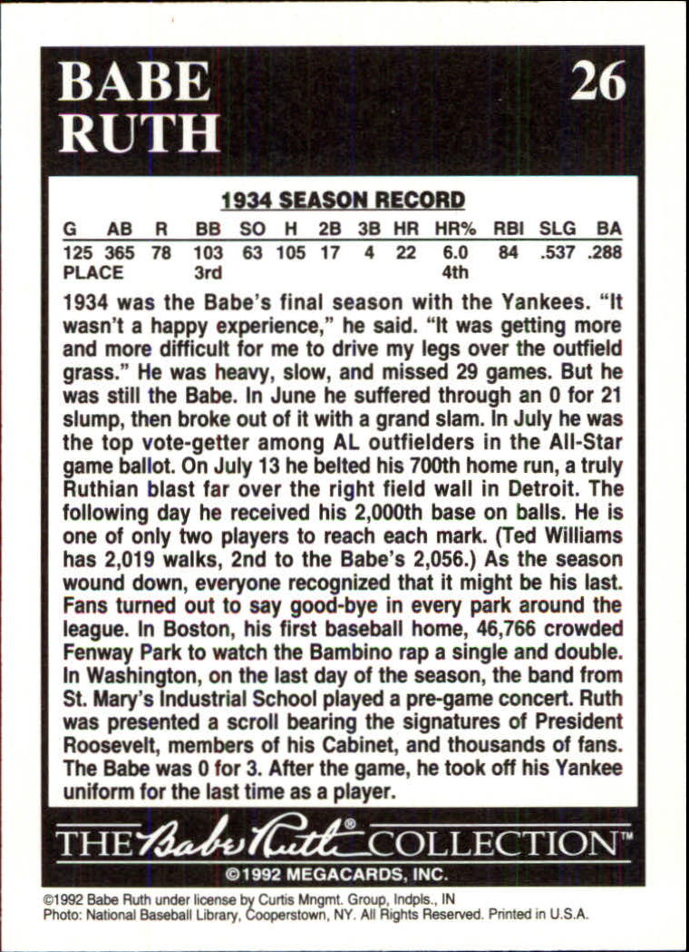1992 Megacards Ruth #26 Tops 2,000 Career/Walks 1934 back image