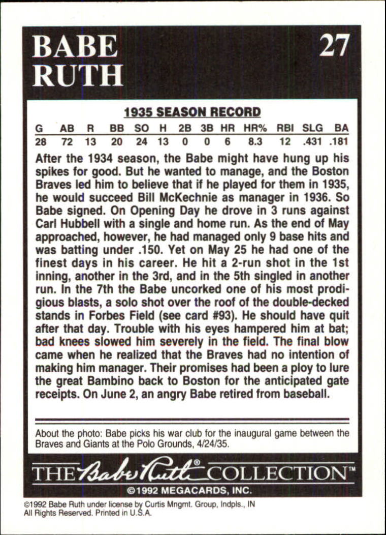 1992 Megacards Ruth #27 Babe Retires 1935 back image