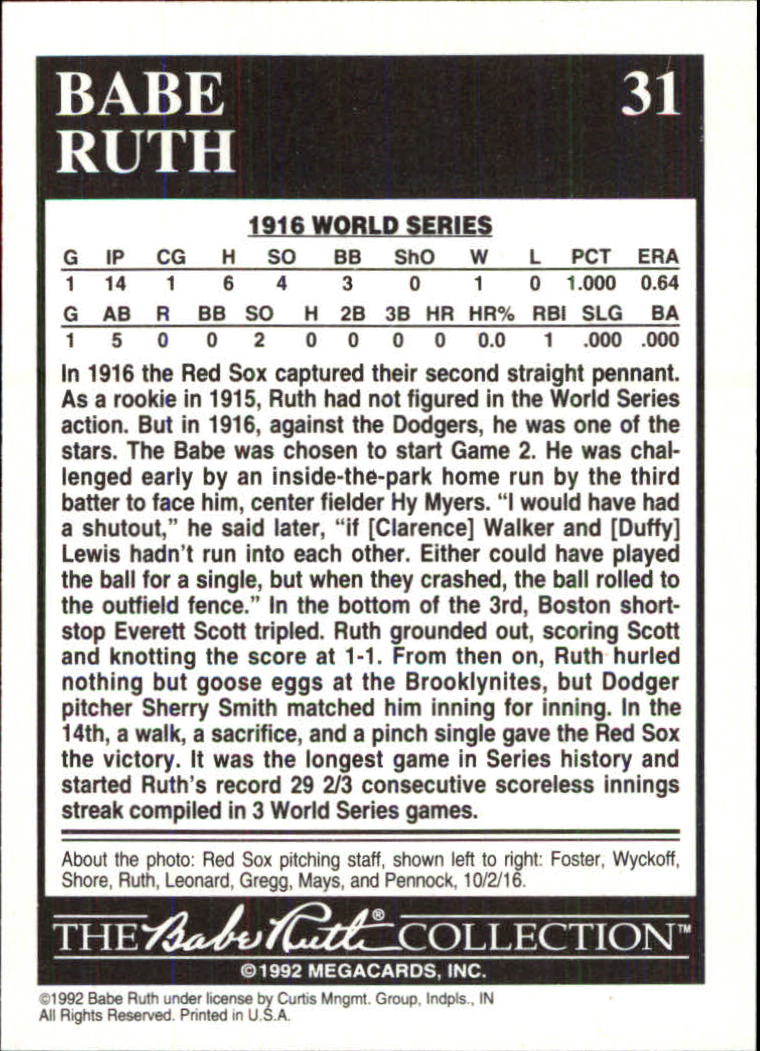 1992 Megacards Ruth #31 Hurls 14 Inning/Complete Game Gem 1916 back image
