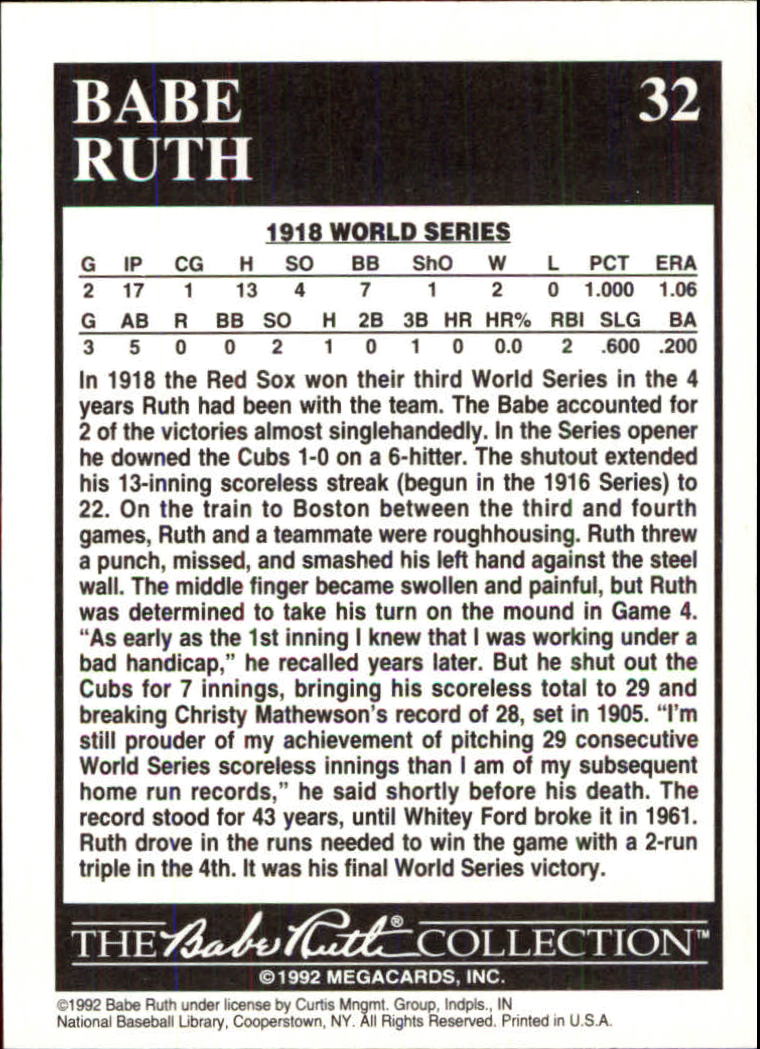 1992 Megacards Ruth #32 Scoreless Inning/Streak Soars 1918 back image