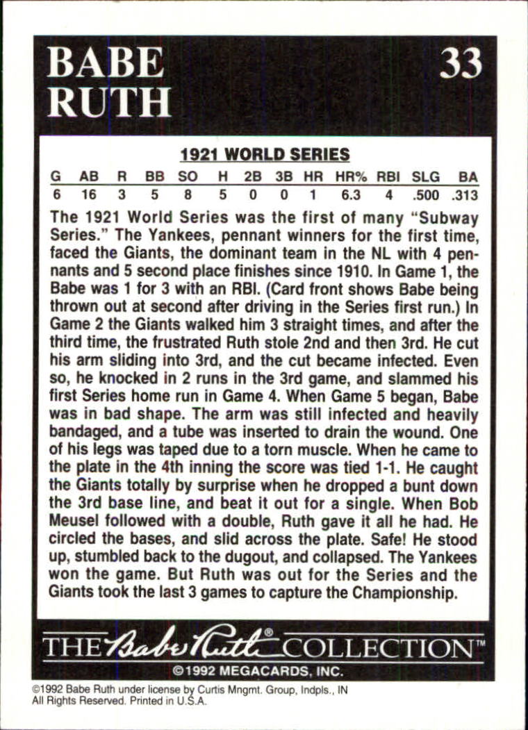 1992 Megacards Ruth #33 Yankees Play in Their/First World Series 1921 back image