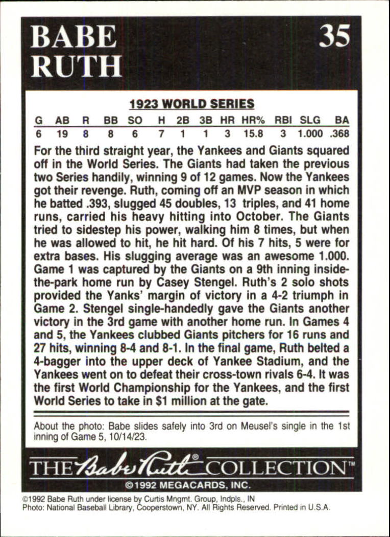 1992 Megacards Ruth #35 Yanks Win First World/Championship 1923 back image