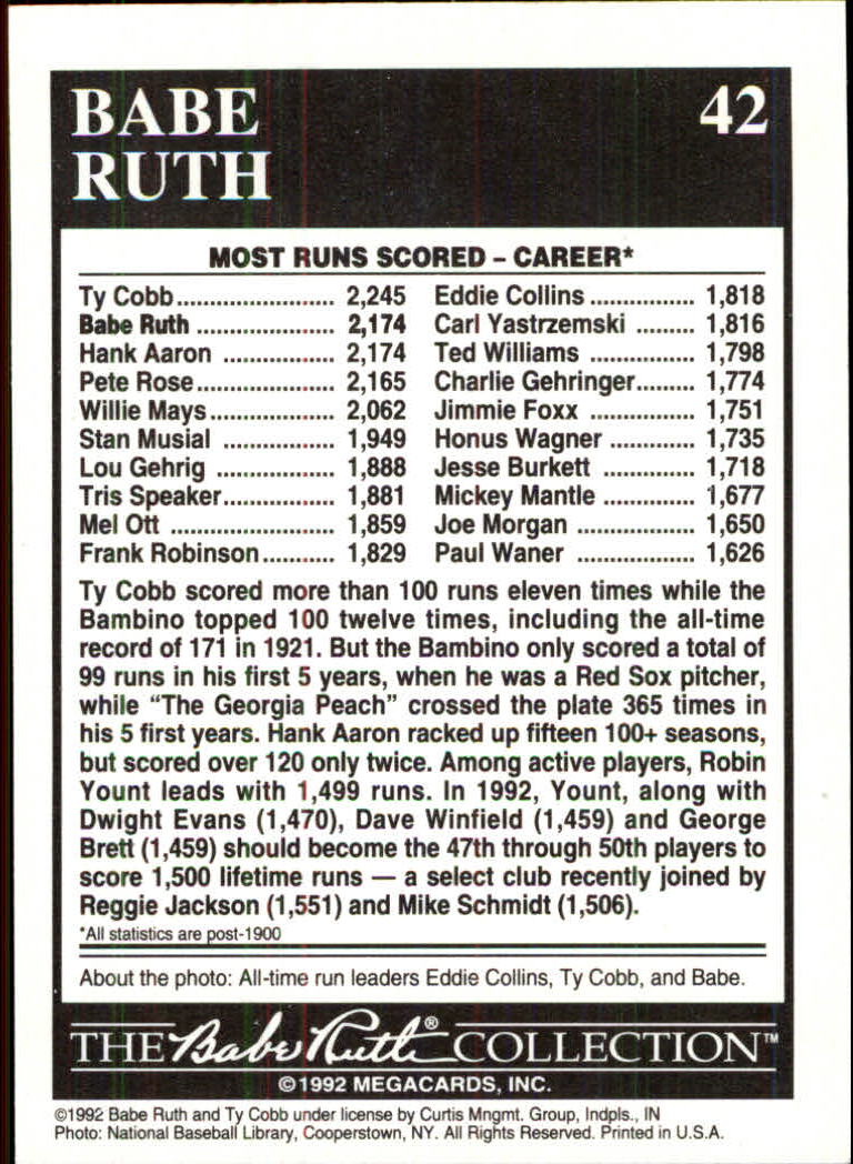 1992 Megacards Ruth #42 Lifetime-2,174 Runs/Scored 1928 back image