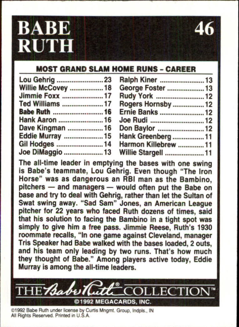 1992 Megacards Ruth #46 Lifetime-16 Grand/Slams 1926 back image