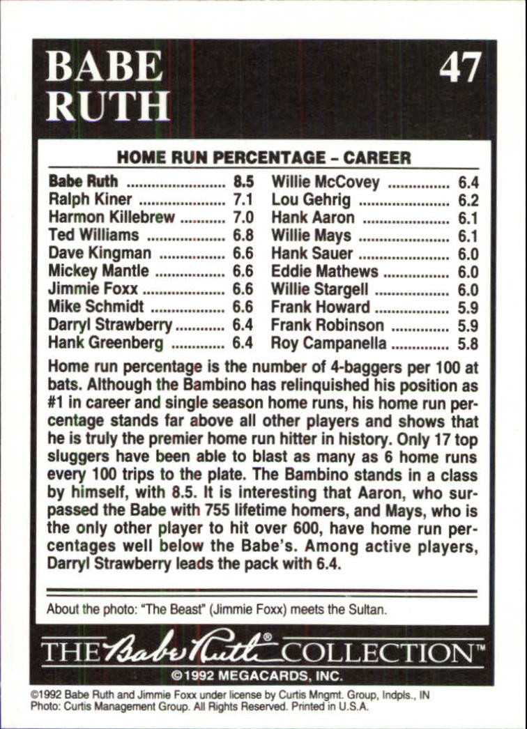 1992 Megacards Ruth #47 Lifetime-8.5 Home Run/Percentage 1934 back image