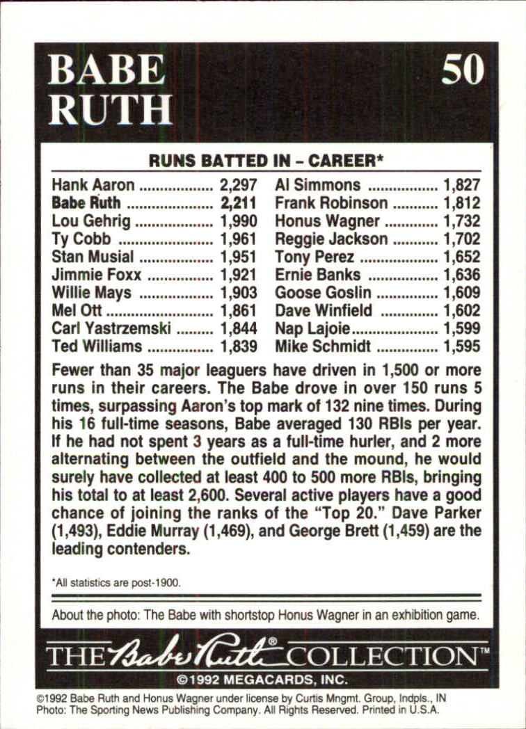1992 Megacards Ruth #50 Lifetime-2,211 RBIs back image