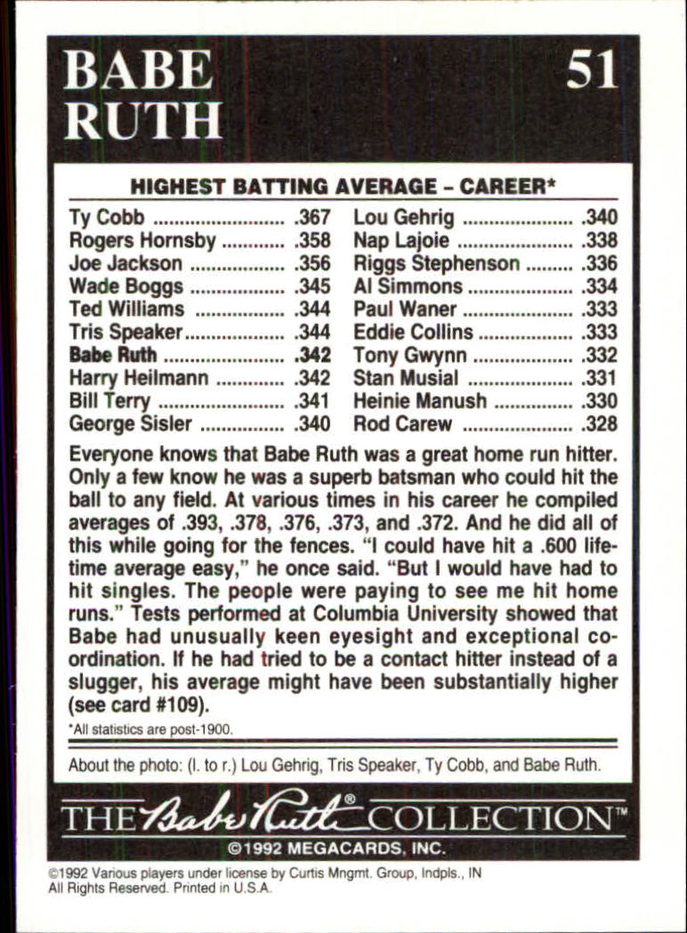 1992 Megacards Ruth #51 Lifetime-.342 Batting/Average 1928 back image
