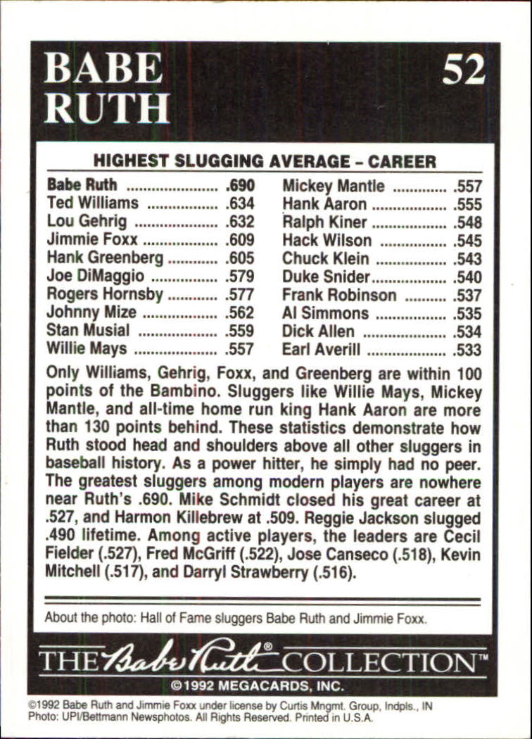 1992 Megacards Ruth #52 Lifetime-.690/Slugging Average 1934 back image