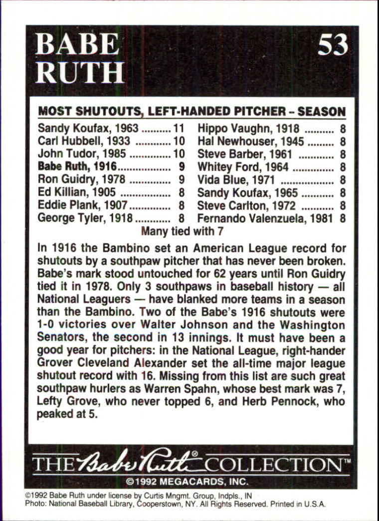1992 Megacards Ruth #53 Season-9 Shutouts/1916 back image