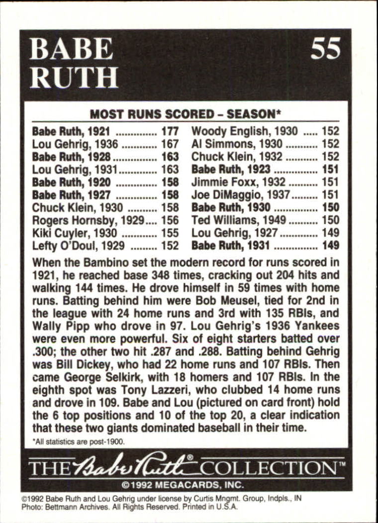 1992 Megacards Ruth #55 Season-177 Runs/Score 1939 back image