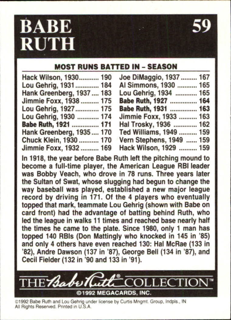 1992 Megacards Ruth #59 Season-171 Runs/Batted In 1934 back image