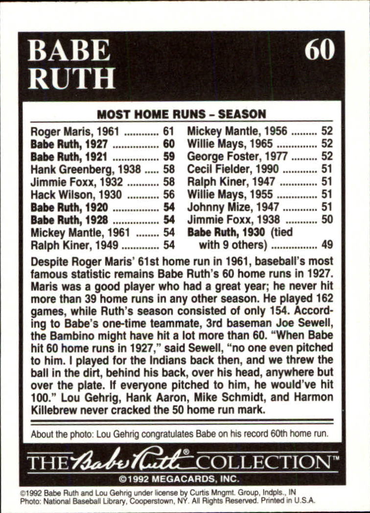 1992 Megacards Ruth #60 Season-60 Home Runs/1927 back image
