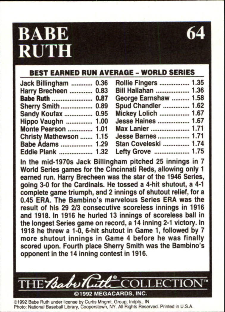 1992 Megacards Ruth #64 World Series-0.87 ERA/1918 back image
