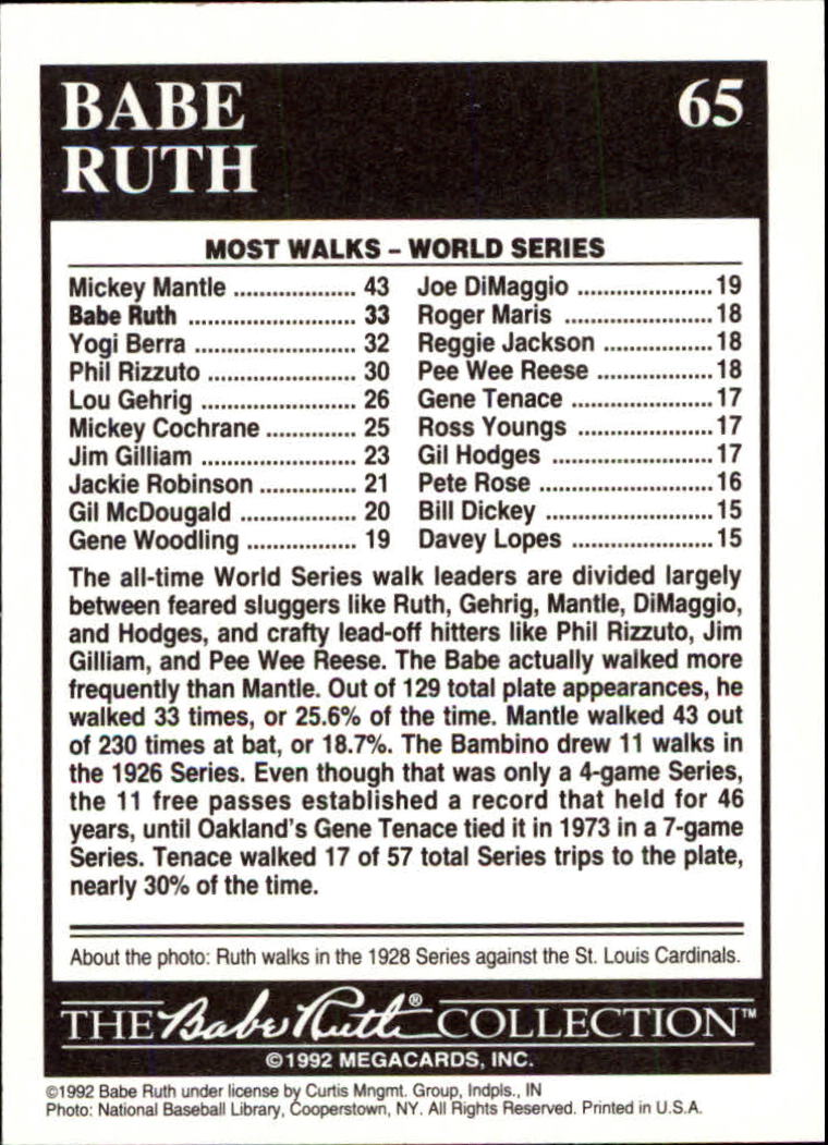 1992 Megacards Ruth #65 World Series-33 Walks/1928 back image