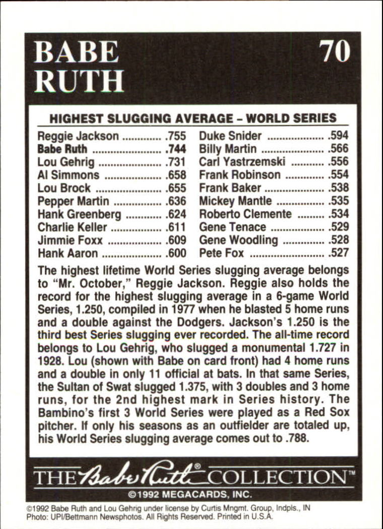 1992 Megacards Ruth #70 World Series- .744/Slugging Average 1927 back image