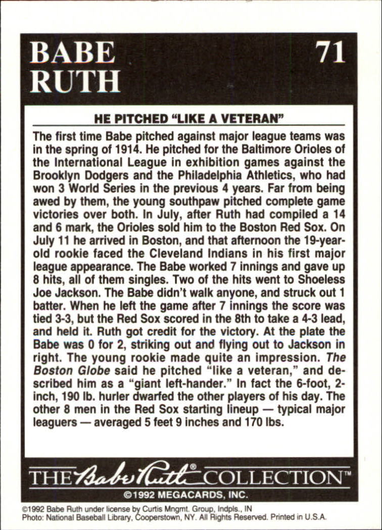 1992 Megacards Ruth #71 First Major League/Victory: July 11, 1914 back image