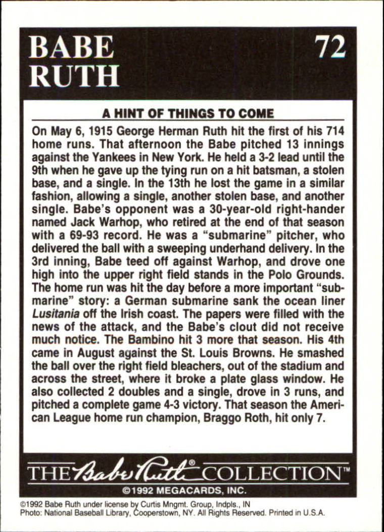1992 Megacards Ruth #72 First Major League/Home Run: May 6, 1915 back image