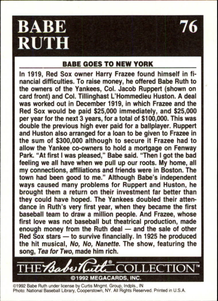 1992 Megacards Ruth #76 Babe Becomes a Yankee/1920 back image