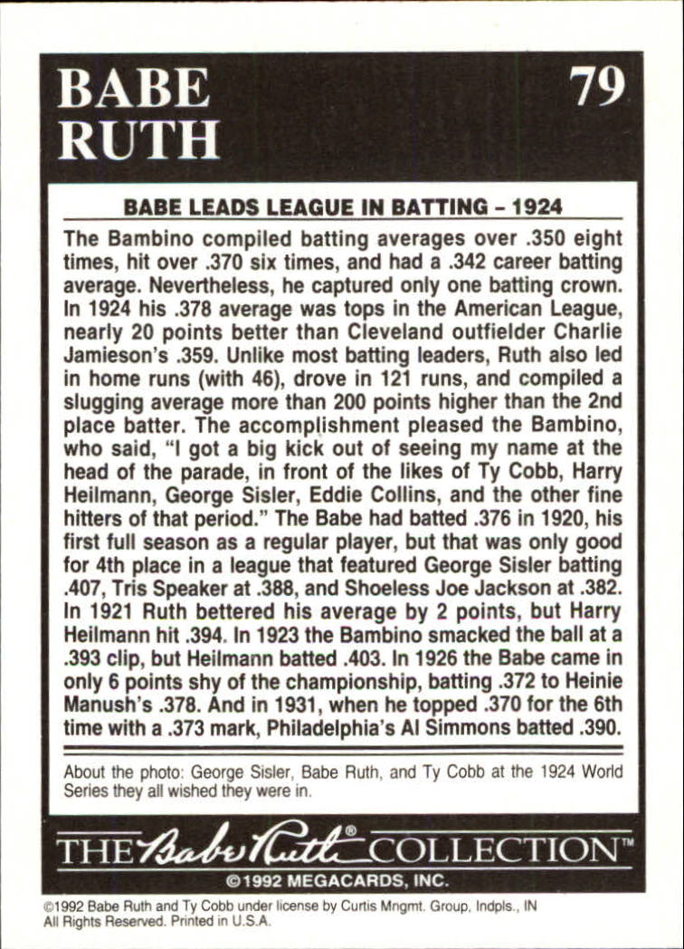 1992 Megacards Ruth #79 Wins Only Batting/Title 1924 back image