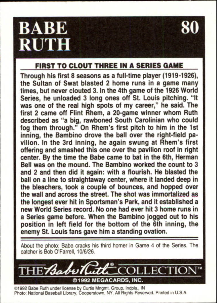 1992 Megacards Ruth #80 Babe Hits 3 Home Runs/in Series Game:/October 6& back image