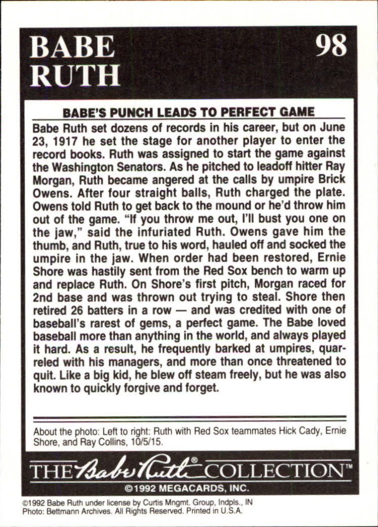 1992 Megacards Ruth #98 A Perfect Punch 1915 back image
