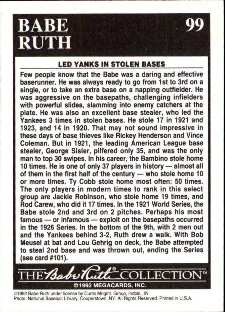1992 Megacards Ruth #99 Yankees Best/Base Thief 1920 back image