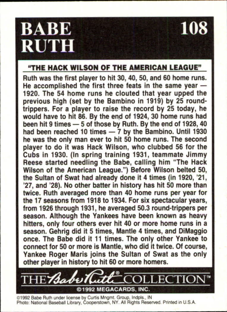 1992 Megacards Ruth #108 First to Hit 30, 40/50 and 60 Home Runs/1923 back image