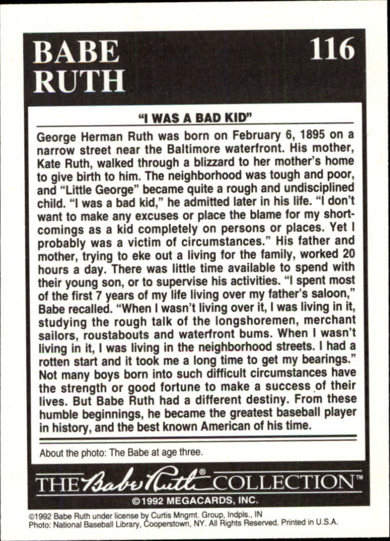 1992 Megacards Ruth #116 The Babe's Early/Childhood back image