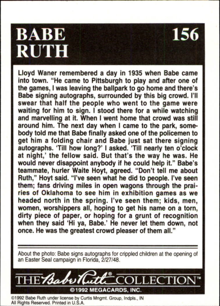 1992 Megacards Ruth #156 Being Remembered by/Lloyd Waner and/Waite Hoyt 1 back image